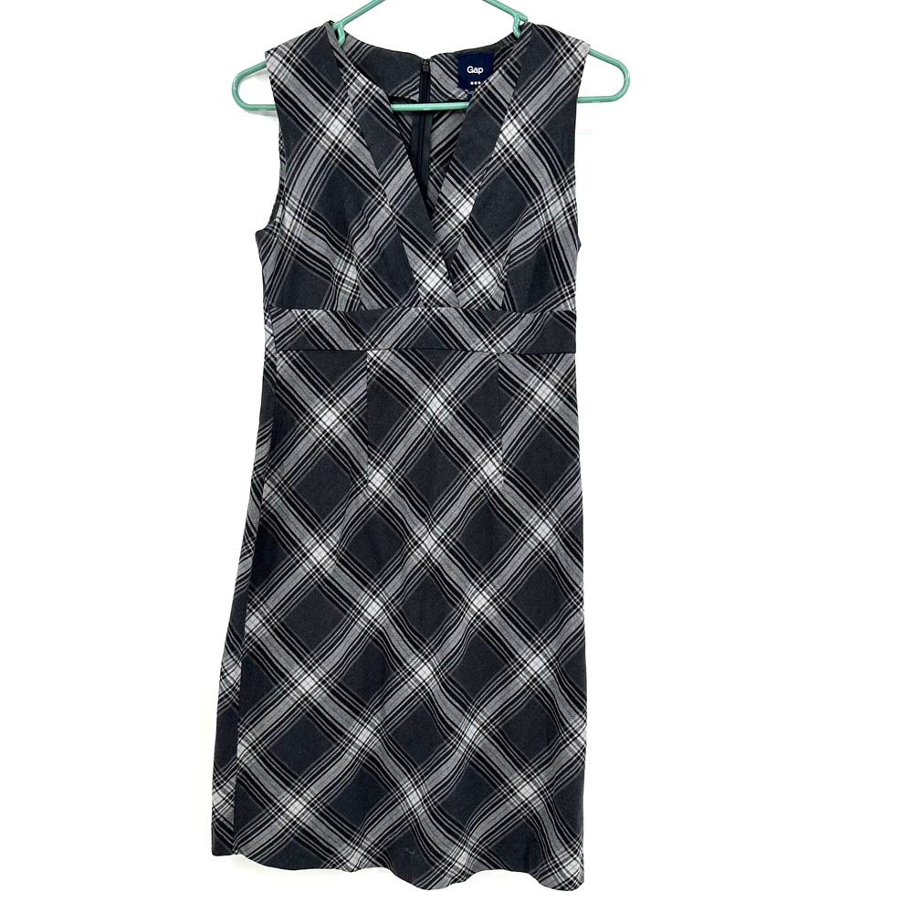 Gap size 4 sleeveless dress black gray white plaid hidden‎ rear zip